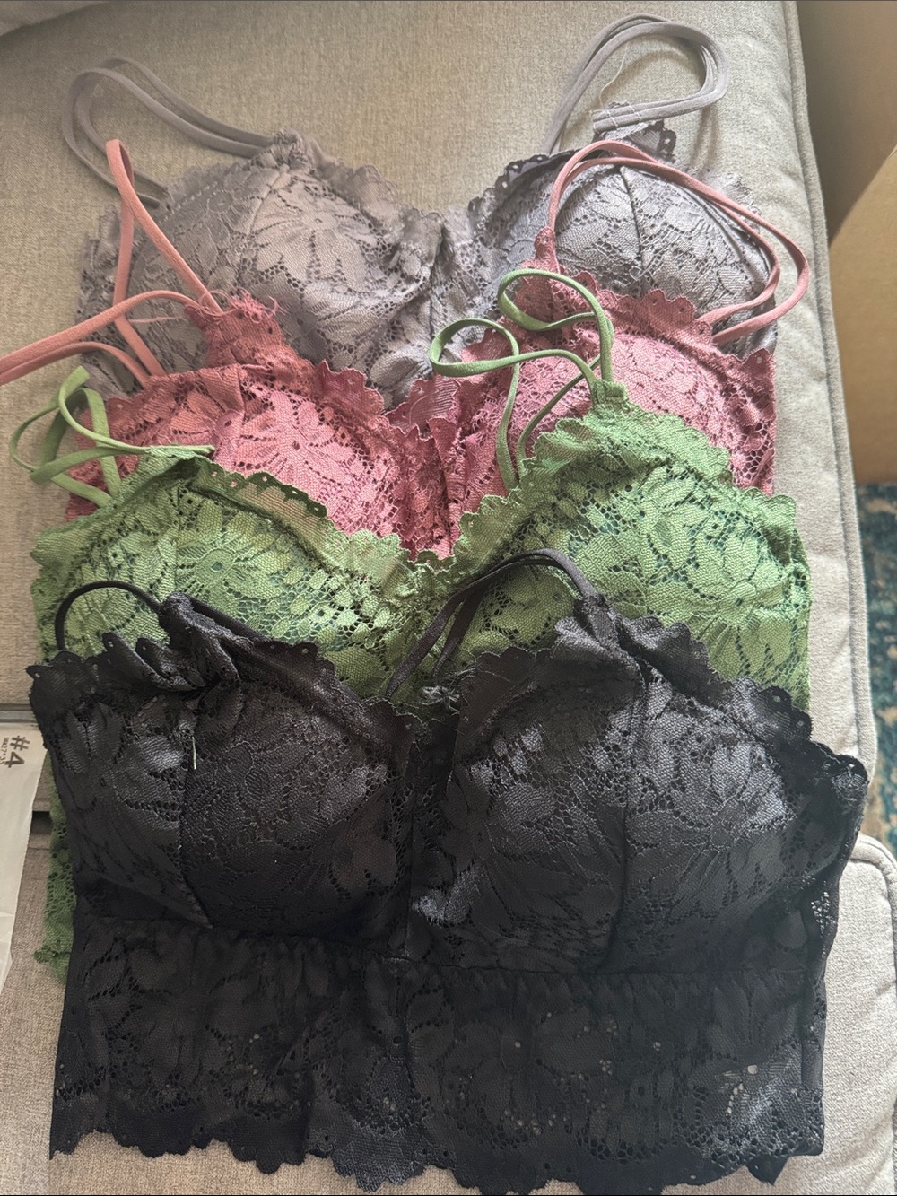 Lace Bralette 4 Pack – Black, Green, Pink, Gray